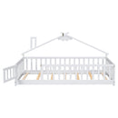 Twin House-Shaped Bedside Floor Bed with Guardrails, Slats, with Door,White
