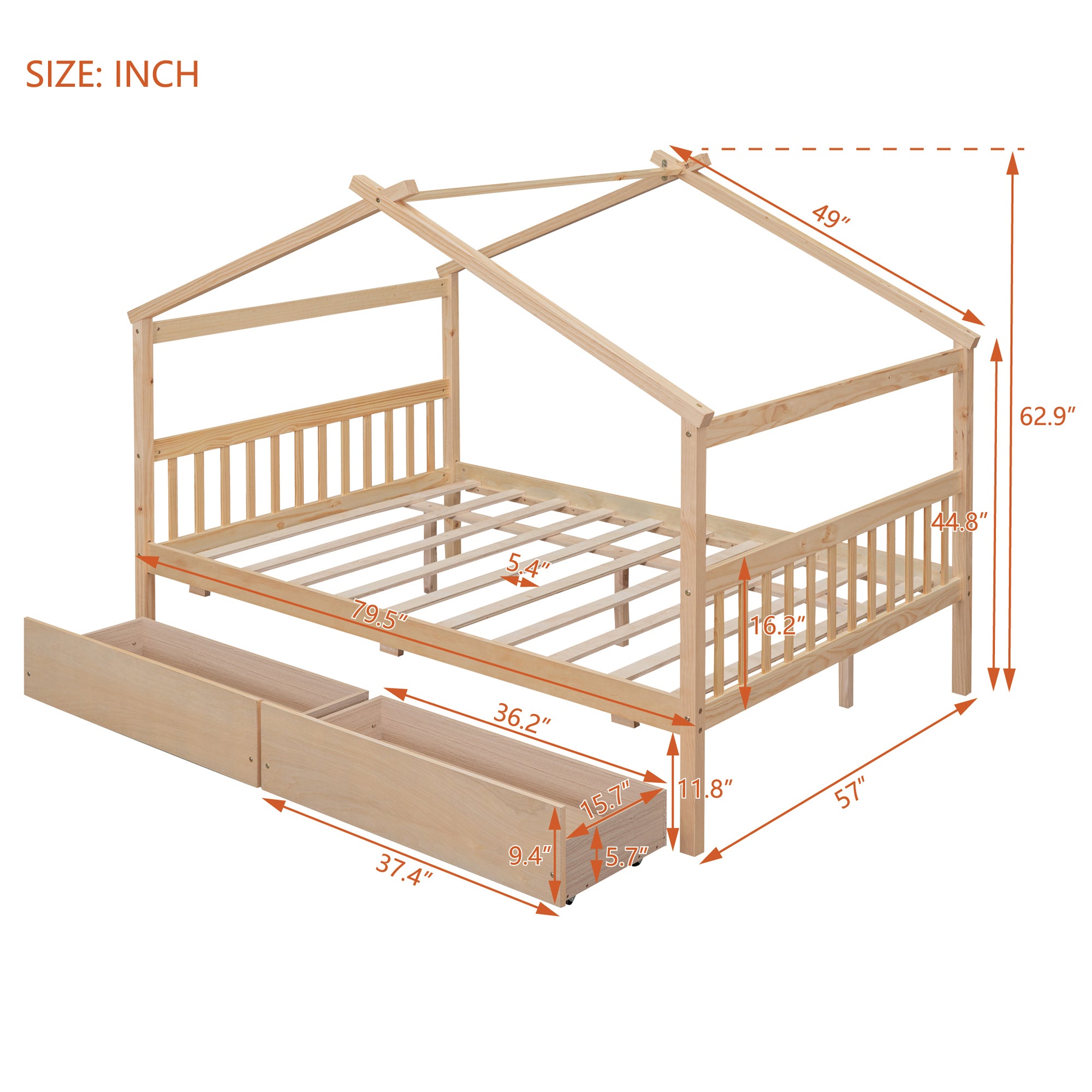 Full Size Wooden House Bed with Drawers, Natural - Atlantic Fine Furniture Melbourne FL