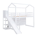 House Loft Bed With Slide, Storage Shelves And Light, Climbing Ramp
