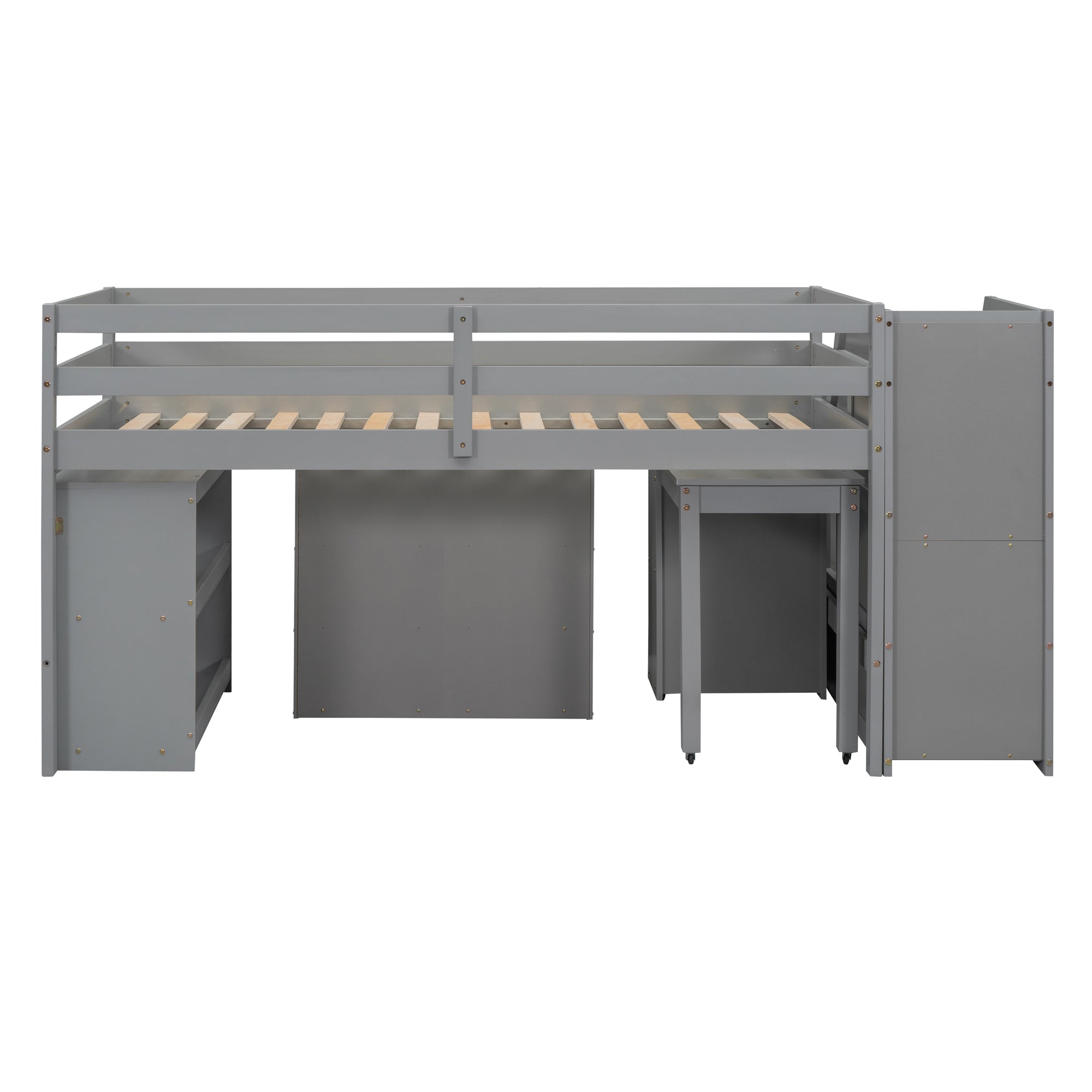 Twin Size Loft Bed with Retractable Writing Desk and 3 Drawers, Wooden Loft Bed with Storage Stairs and Shelves, Gray - Atlantic Fine Furniture Melbourne FL