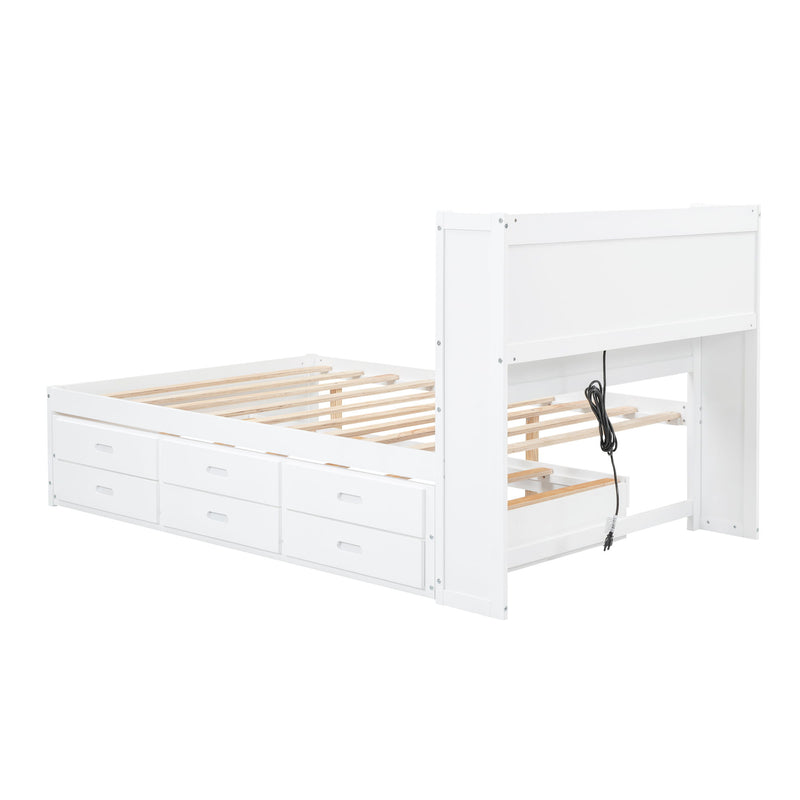 Full Size Platform Bed With Trundle, Drawers, USB Ports And Built In Shelves - White