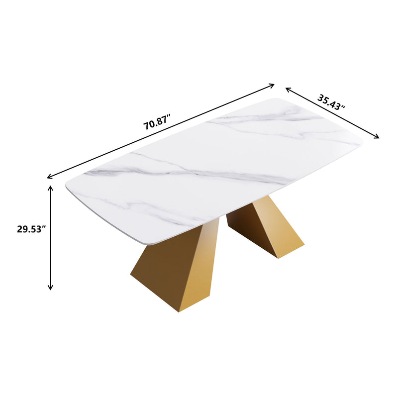 Modern Artificial Stone Curved Metal Leg Dining Table, Can Accommodate 6-8 People - White / Gold