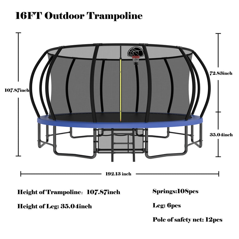 Outdoor Trampoline For Kids And Adults, Pumpkin Trampolines With Curved Poles, Heavy Duty Trampoline Anti-Rust Coating Astm Approval - Blue