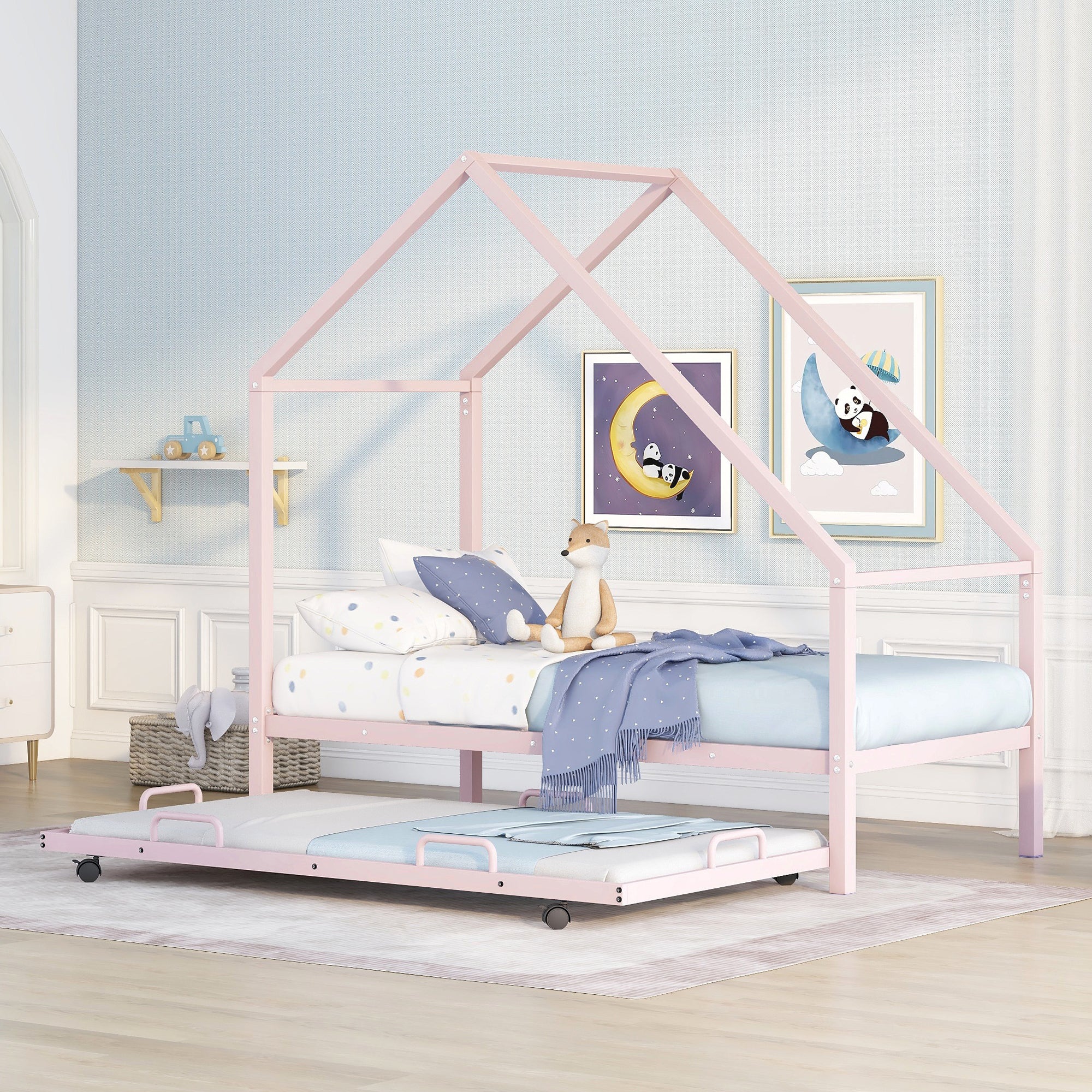 Metal House Bed With Trundle, Twin Size House Bed Pink - Atlantic Fine Furniture Melbourne FL