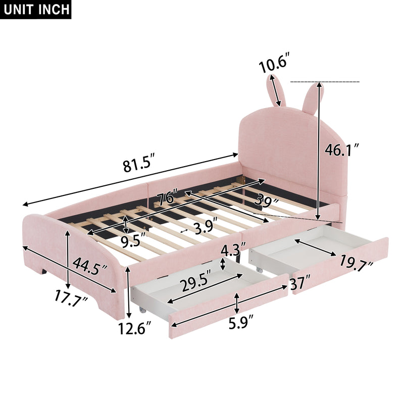 Twin Size Upholstered Platform Bed with Cartoon Ears Shaped Headboard and 2 Drawers, Pink