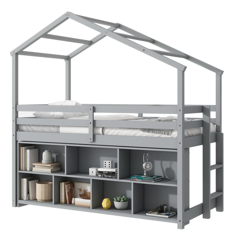 House Loft Bed With Roof Frame, Under Bed Shelving Storage Unit, Guardrails, Ladder