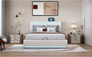 Full Size Upholstered Platform Bed with Hydraulic Storage System, LED Light, and a set of USB Ports and Sockets, Linen Fabric, Beige
