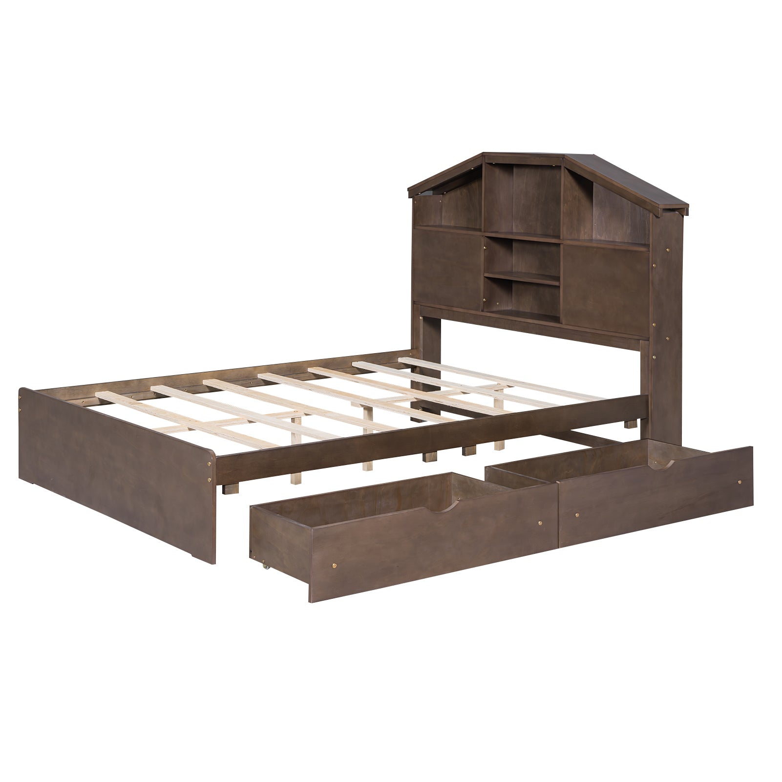 Full Size Wood Platform Bed with House-shaped Storage Headboard and 2 Drawers, Walnut - Atlantic Fine Furniture Melbourne FL