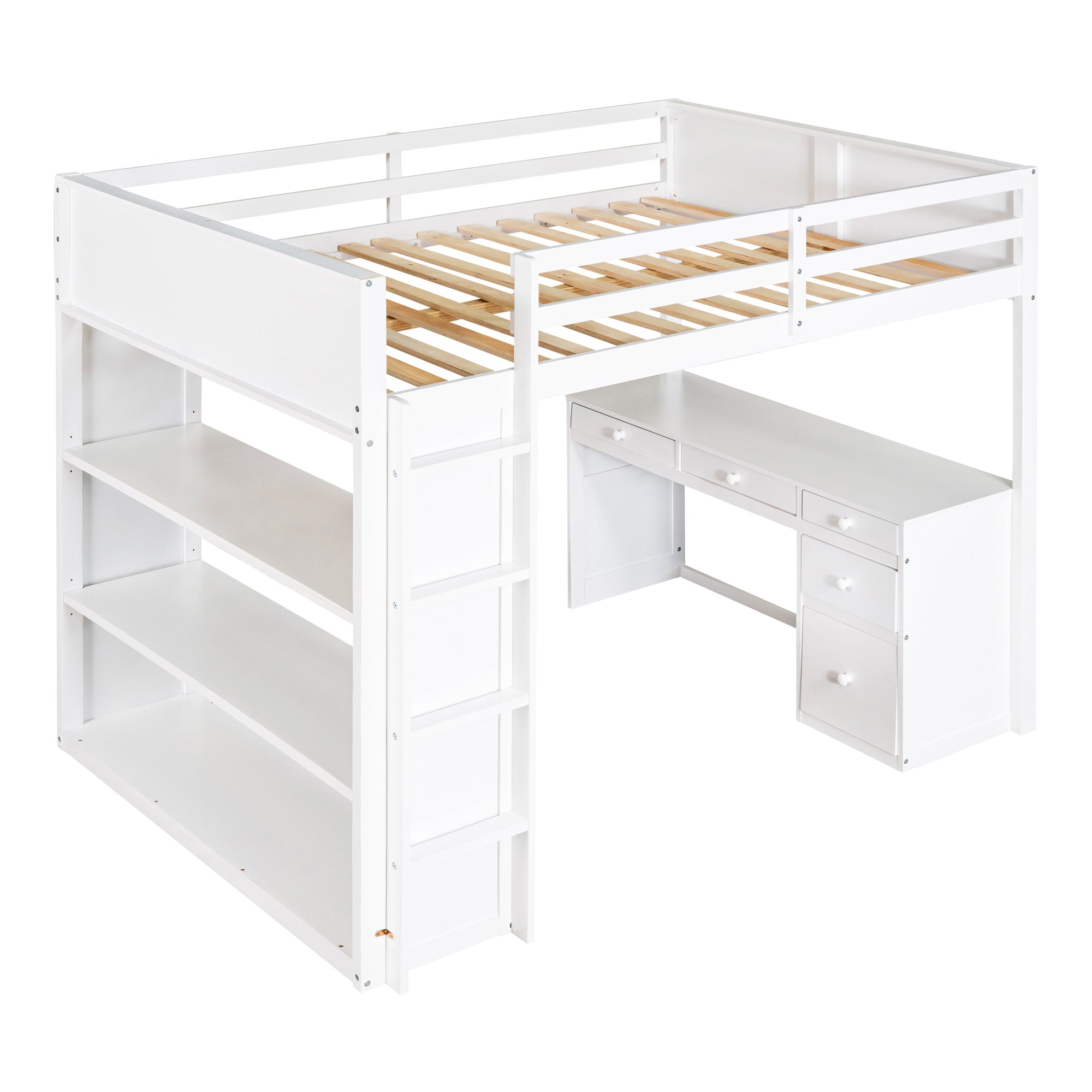 Full Size Loft Bed with Ladder, Shelves, and Desk, White - Atlantic Fine Furniture Melbourne FL