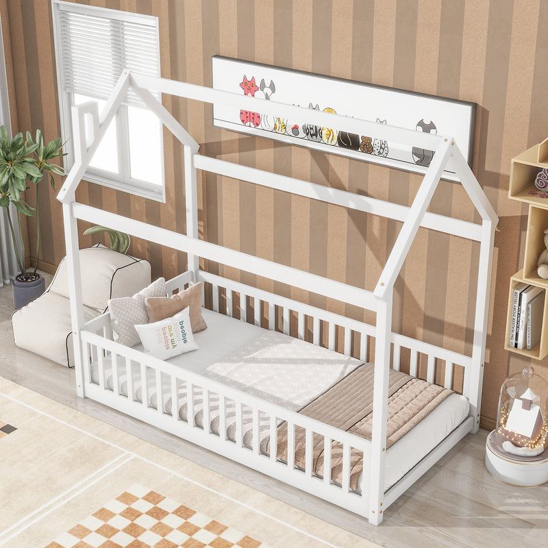 Twin House Bed with Guardrails, Slats ,White