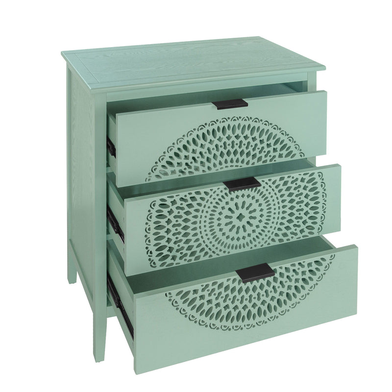 3 Drawer Storage Cabinet With Hollow Carved Design And Metal Handles, Chest For Entryway, Living Room Or Bedroom - Light Green