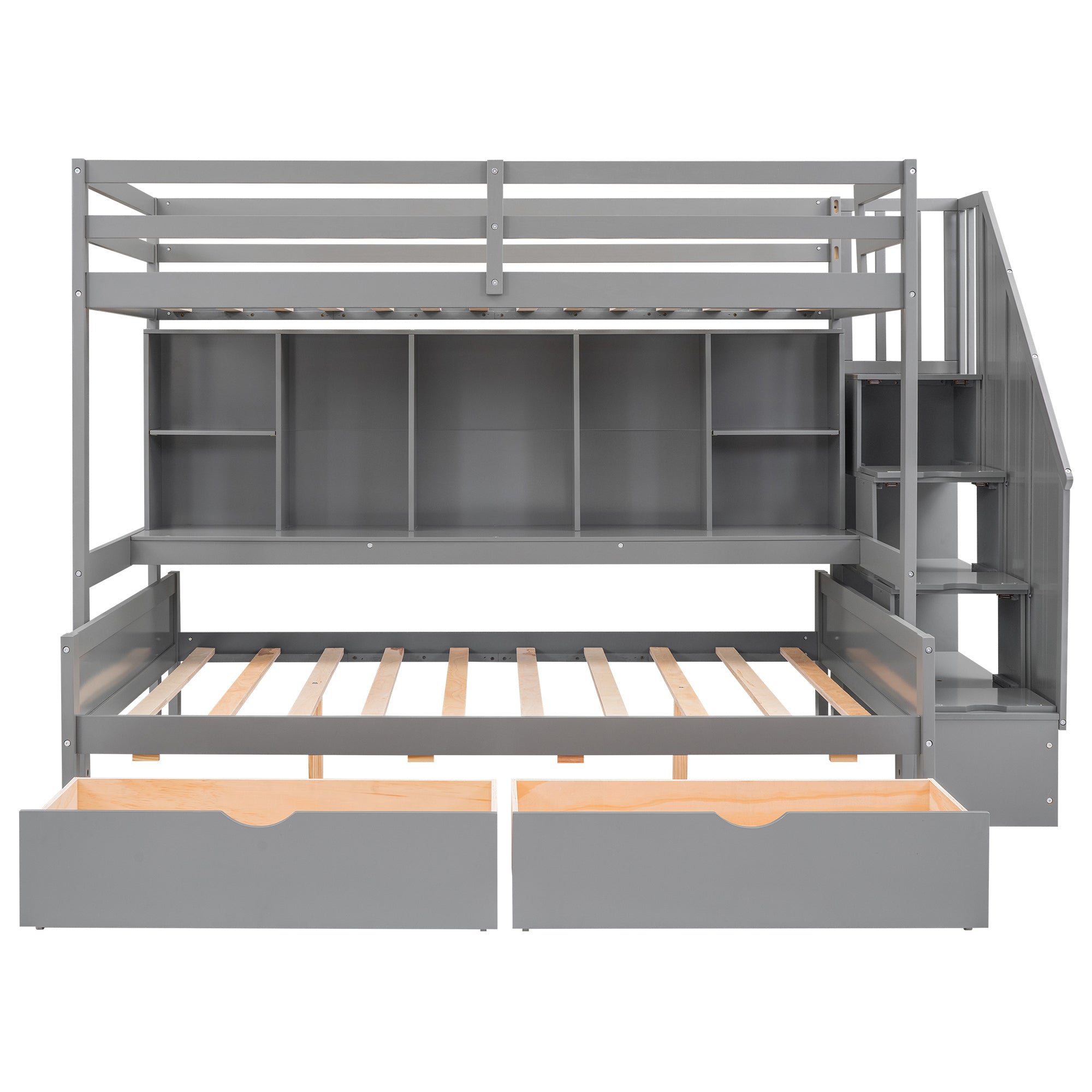 Twin XL over Full Bunk Bed with Built-in Storage Shelves, Drawers and Staircase,Gray - Atlantic Fine Furniture Melbourne FL