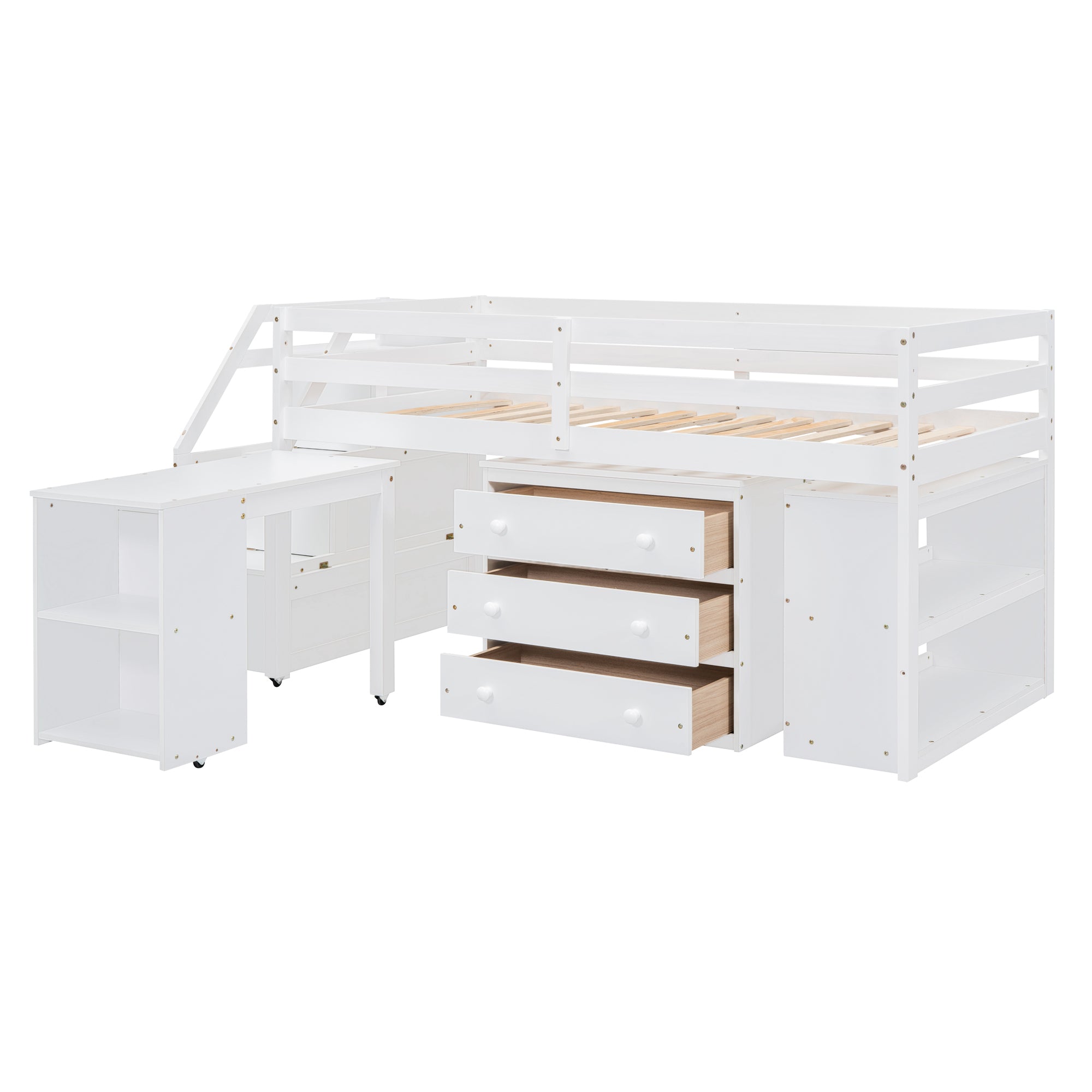 Twin Size Loft Bed with Retractable Writing Desk and 3 Drawers, Wooden Loft Bed with Storage Stairs and Shelves, White - Atlantic Fine Furniture Melbourne FL
