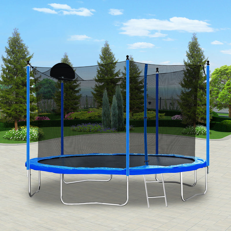 12Ft Trampoline For Adults & Kids With Basketball Hoop, Outdoor Trampolines With Ladder And Safety Enclosure Net For Kids And Adults - Blue