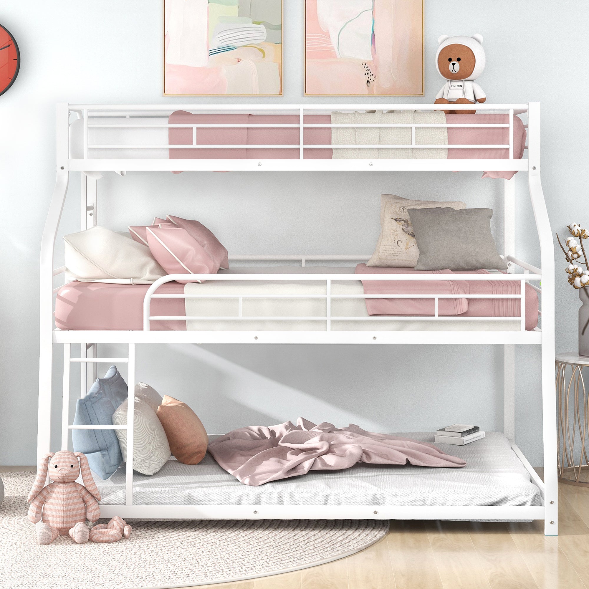 Twin XL/Full XL/Queen Triple Bunk Bed with Long and Short Ladder and Full-Length Guardrails,White - Atlantic Fine Furniture Melbourne FL