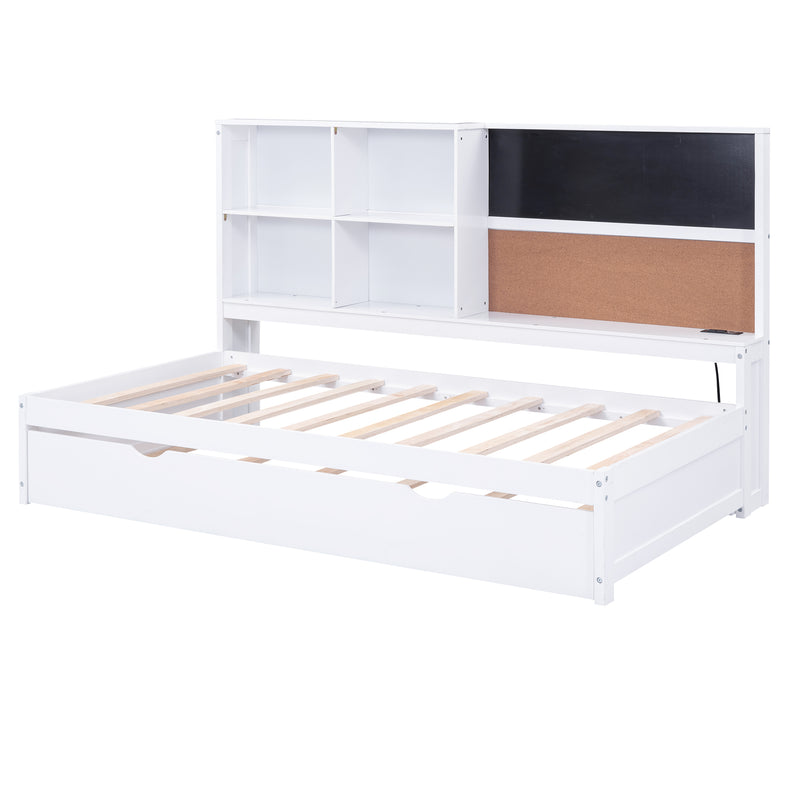 Twin Size Daybed with Storage Shelves, Blackboard, Cork board, USB Ports and Twin Size Trundle, White