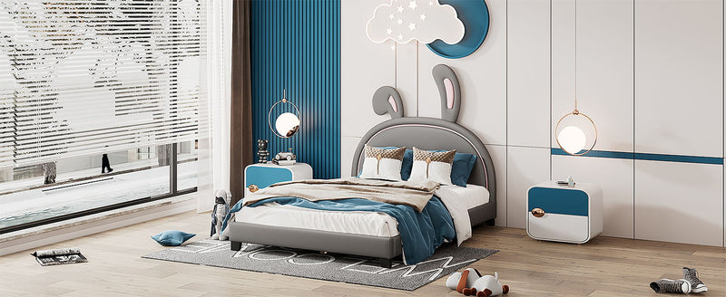 Upholstered Leather Platform Bed With Rabbit Ornament