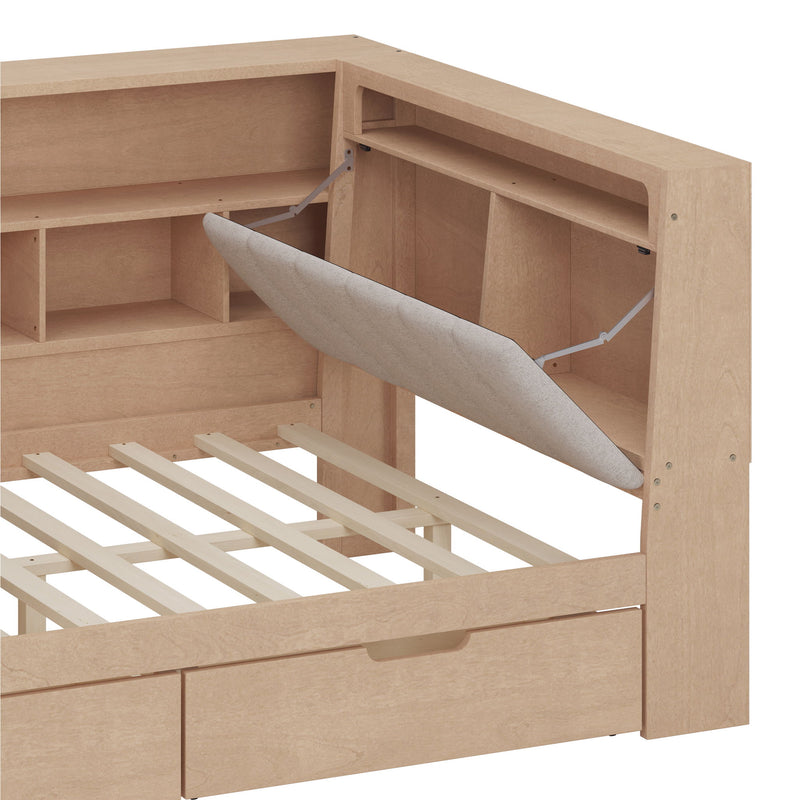 L Shaped Daybed With Desk, Bookcase, Upholstered Headboard, Drawers, And LED Light