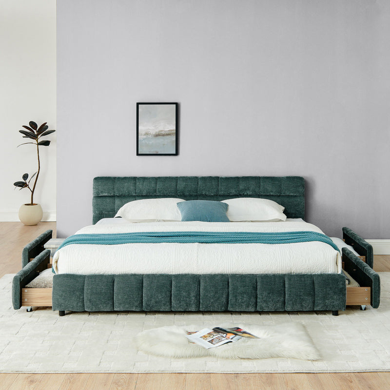 Modern Platform Bed Frame With Thick Chenille Fabric