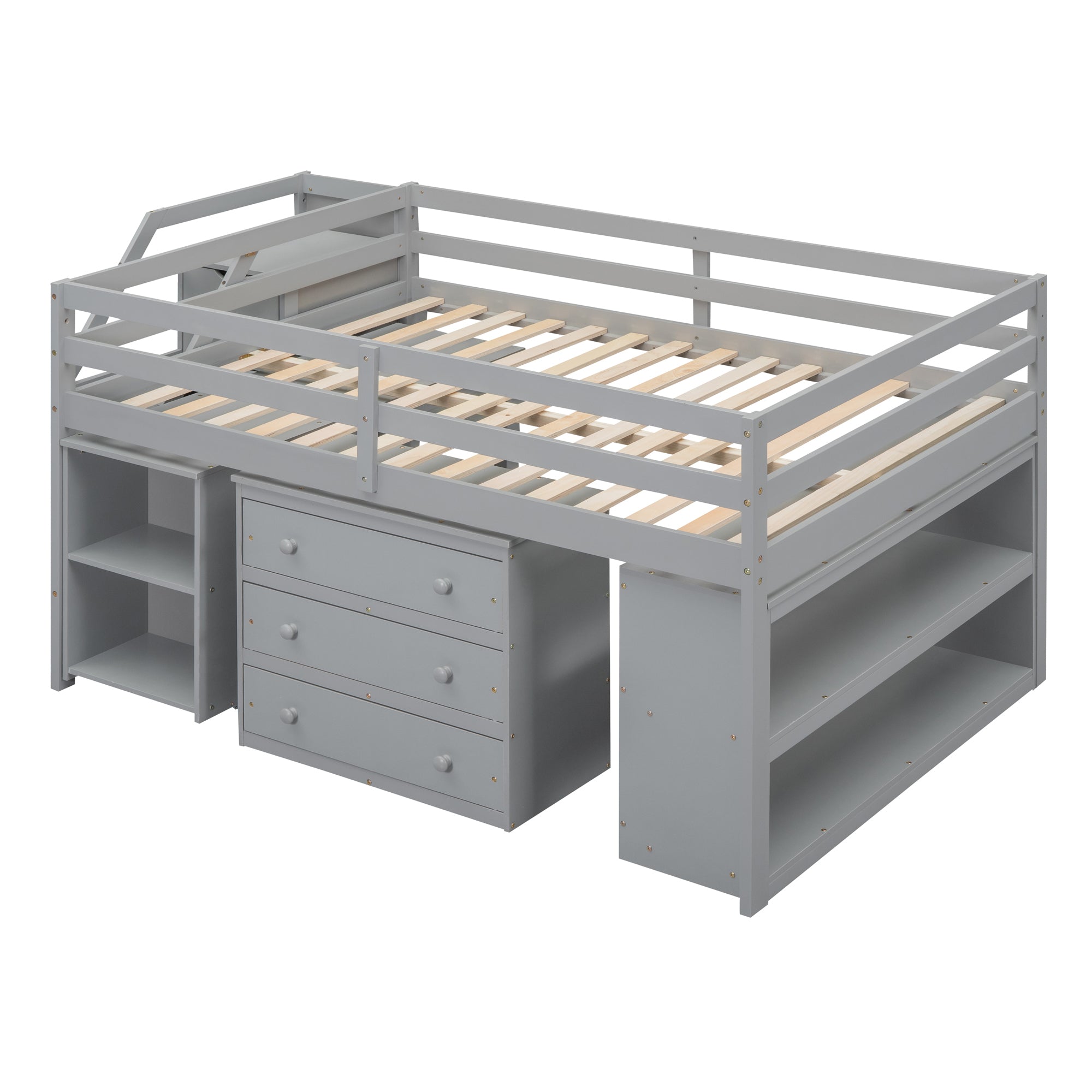Full Size Loft Bed with Retractable Writing Desk and 3 Drawers, Wooden Loft Bed with Storage Stairs and Shelves, Gray - Atlantic Fine Furniture Melbourne FL