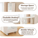 Stretchable Office Desk With Storage Shelves And Mobile Wheels, Foldable Design For Small Apartments - White Marble