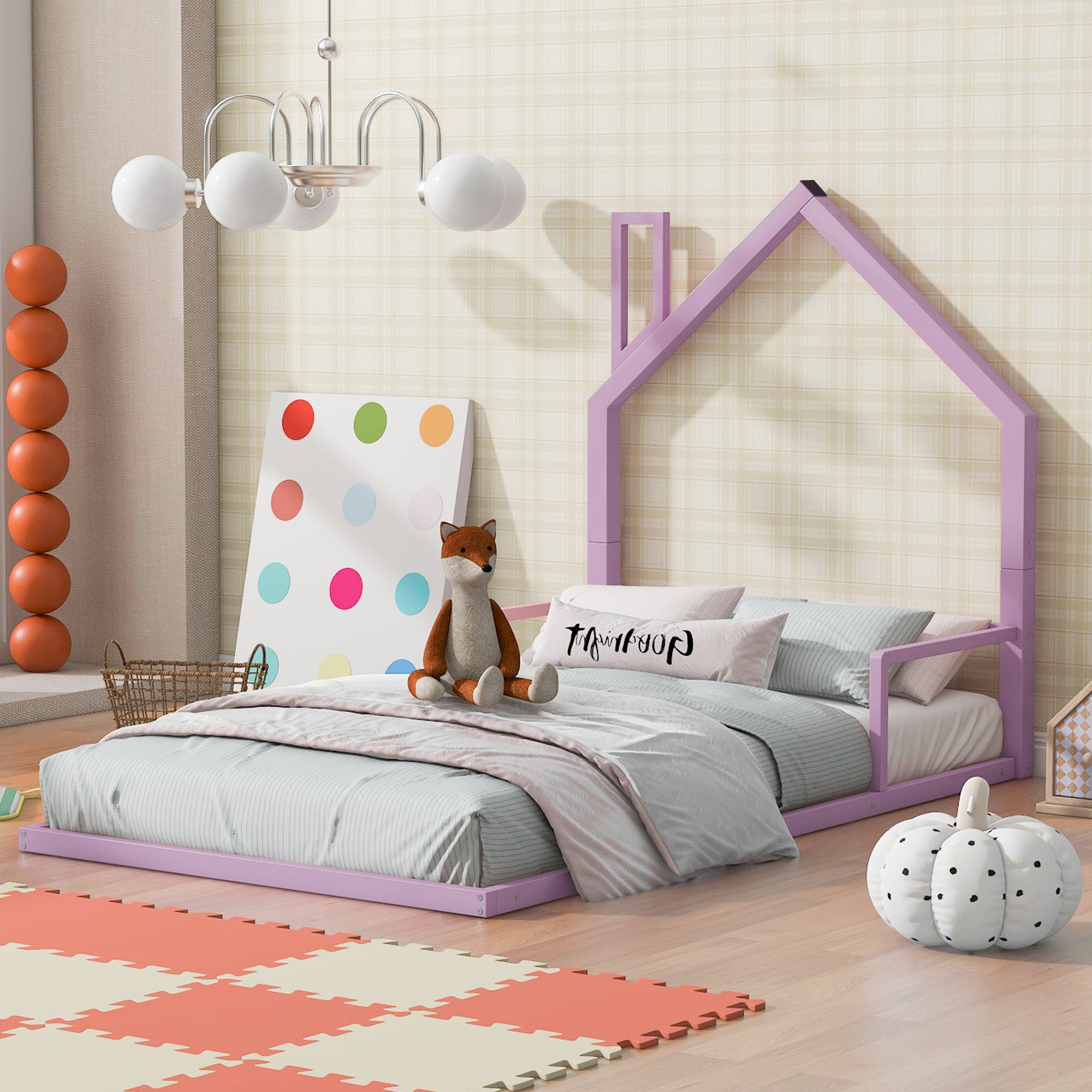 Twin Size Metal Floor Bed with House-shaped Headboard, Pink - Atlantic Fine Furniture Melbourne FL