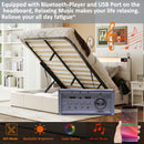 Full Size Upholstered Bed with LED Light and Integrated Bluetooth Audio System, Modern Platform Bed with Hydraulic Storage System and USB Port, Velvet , Beige