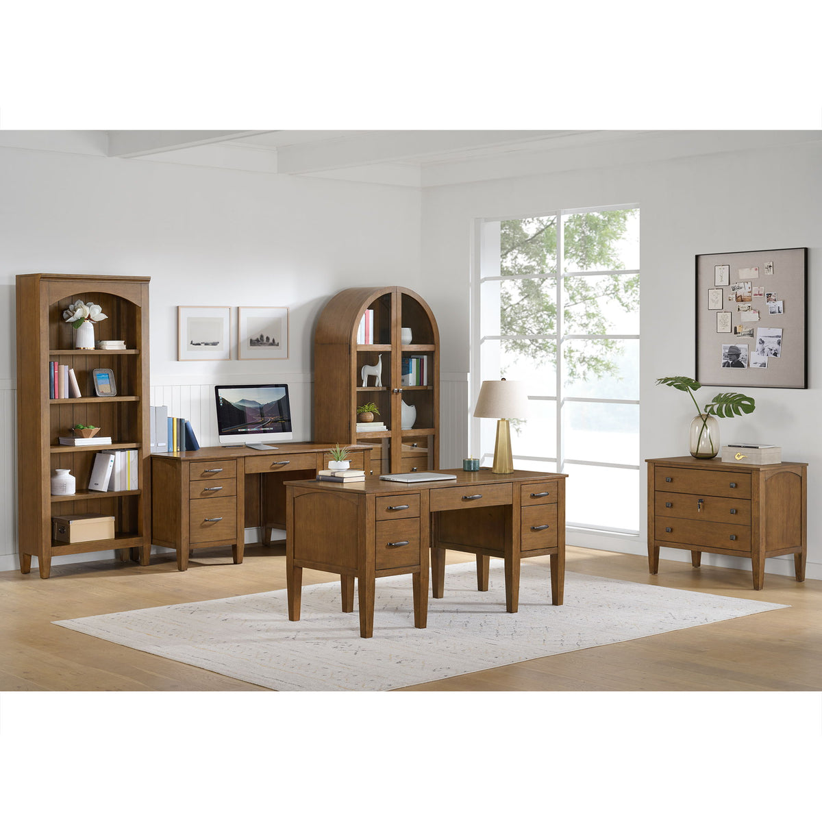 Portico Half Pedestal Desk With Power / USB in Brown Oak by Elements International, view 9
