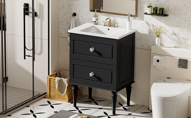 Bathroom Vanity Cabinet With Ceramic Sink Combo Set, Frame Modern Bathroom Storage Cabinet With 2 Drawers - Black