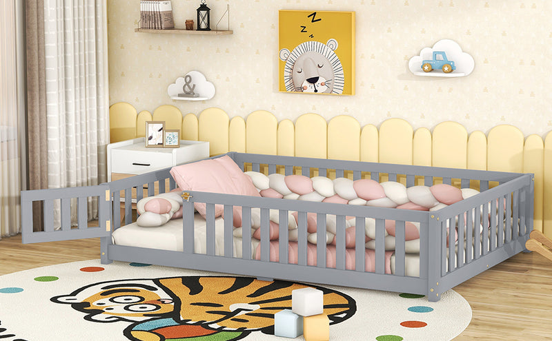 Full Size Bed Floor Bed with Safety Guardrails and Door for Kids, Gray