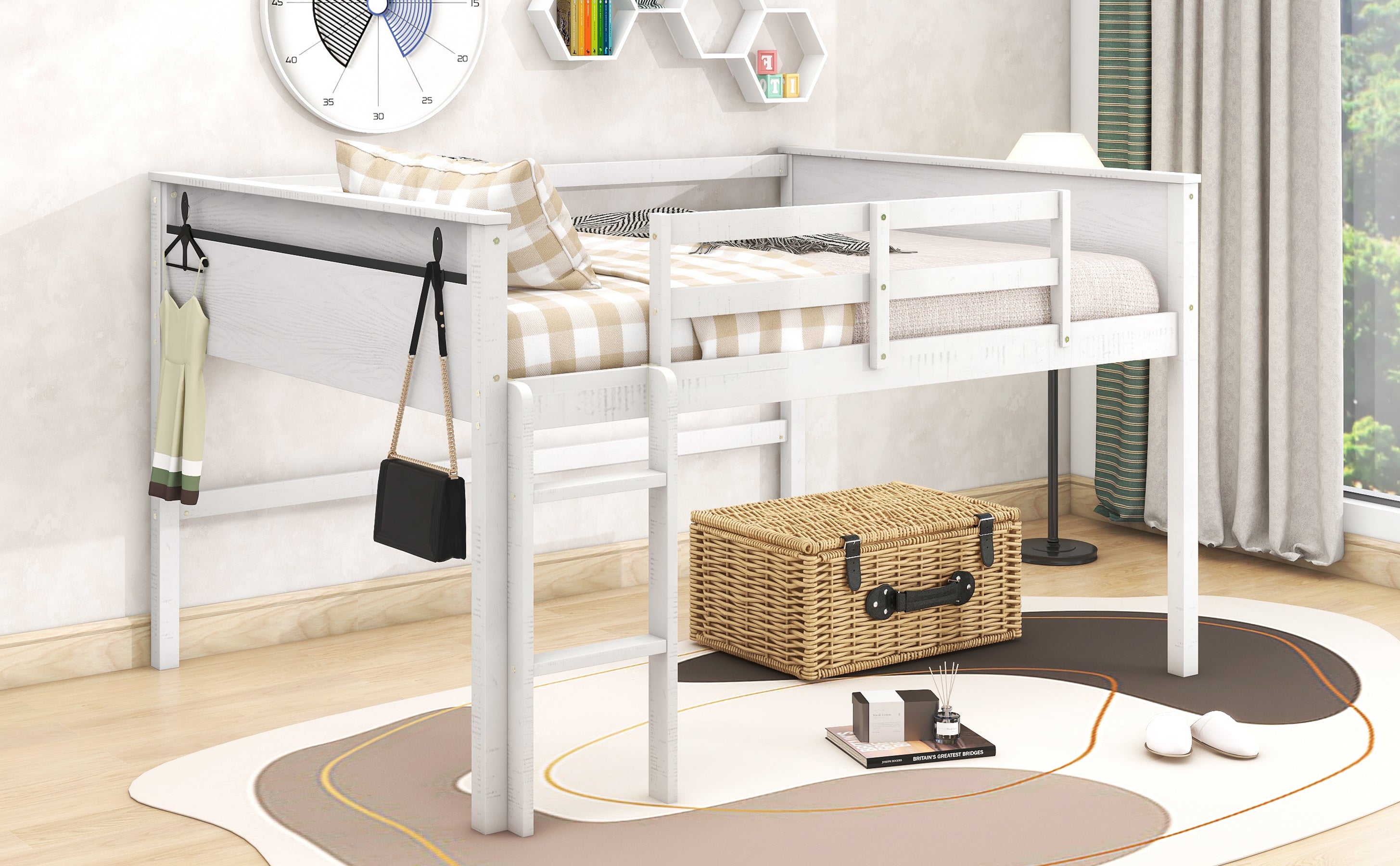 Wood Full Size Loft Bed with Hanging Clothes Racks, White - Atlantic Fine Furniture Melbourne FL