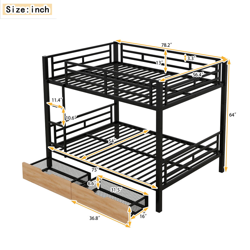 Full Size Convertible Bunk Bed With 2 Drawers Durable - Black
