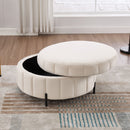 Upholstered Round Ottoman With Reversible Lid, Channel Tufted Pumpkin Shape