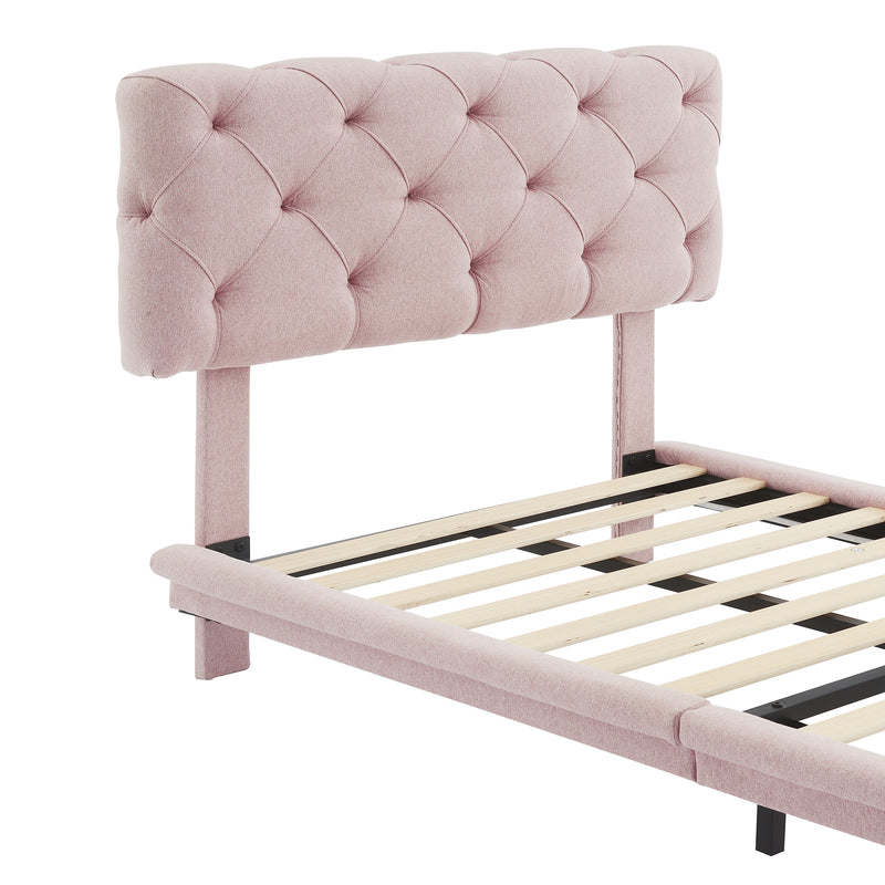 Twin Size Upholstered Bed with Light Stripe, Floating Platform Bed, Linen Fabric,Pink