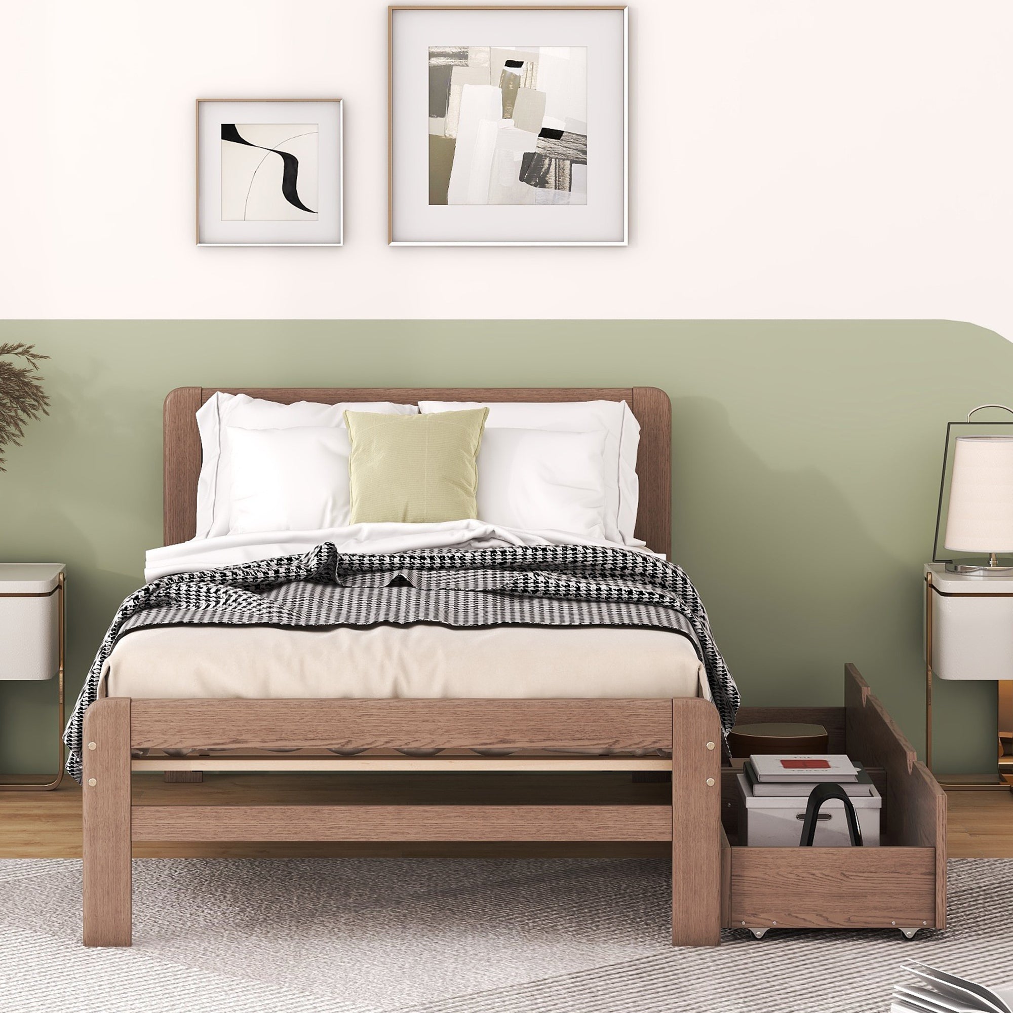 Modern Design Twin Size Platform Bed Frame with 2 Drawers for Walnut Color - Atlantic Fine Furniture Melbourne FL