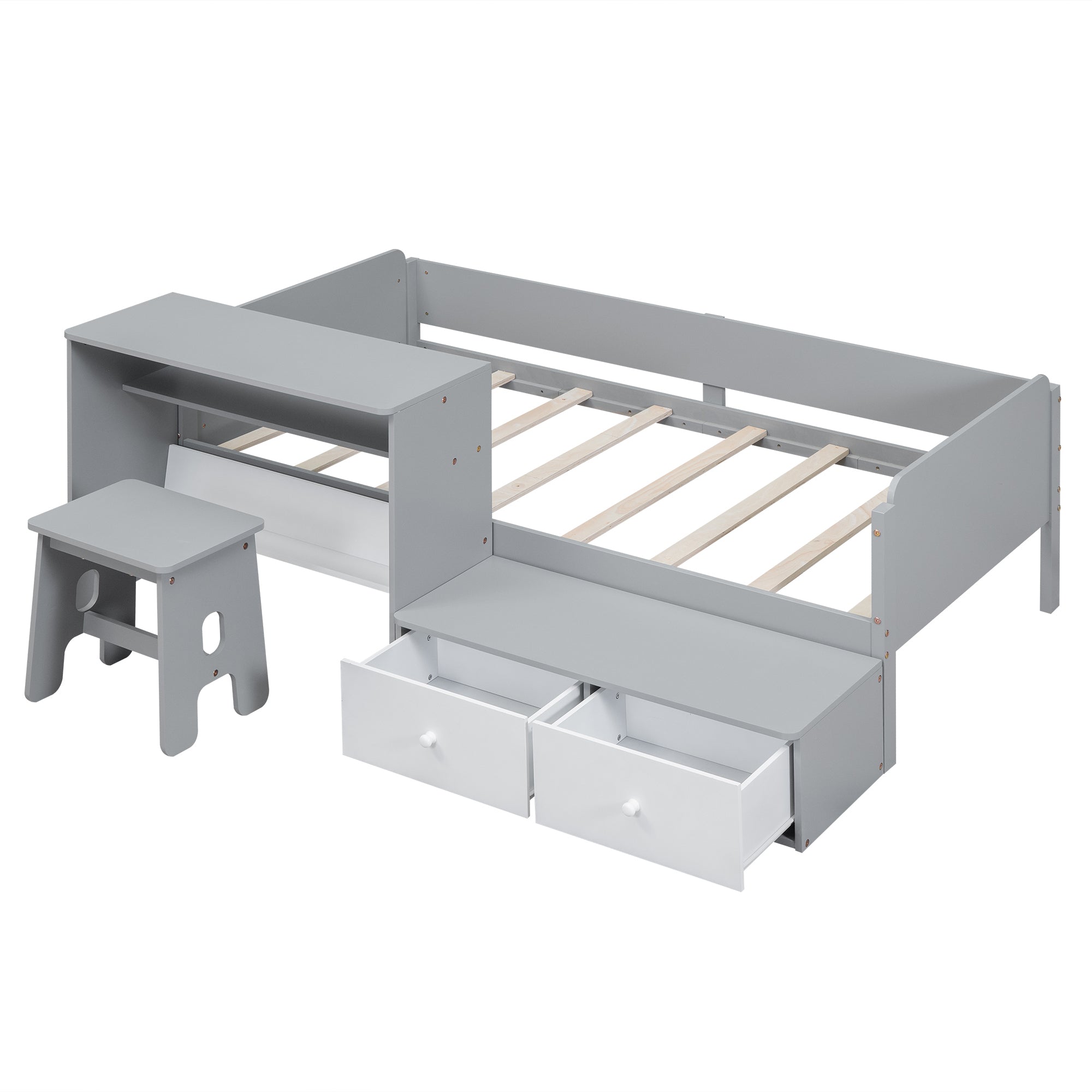 Wood Twin Size Platform Bed with 2 Drawers and 1 Chair&Desk Set, Gray+White - Atlantic Fine Furniture Melbourne FL