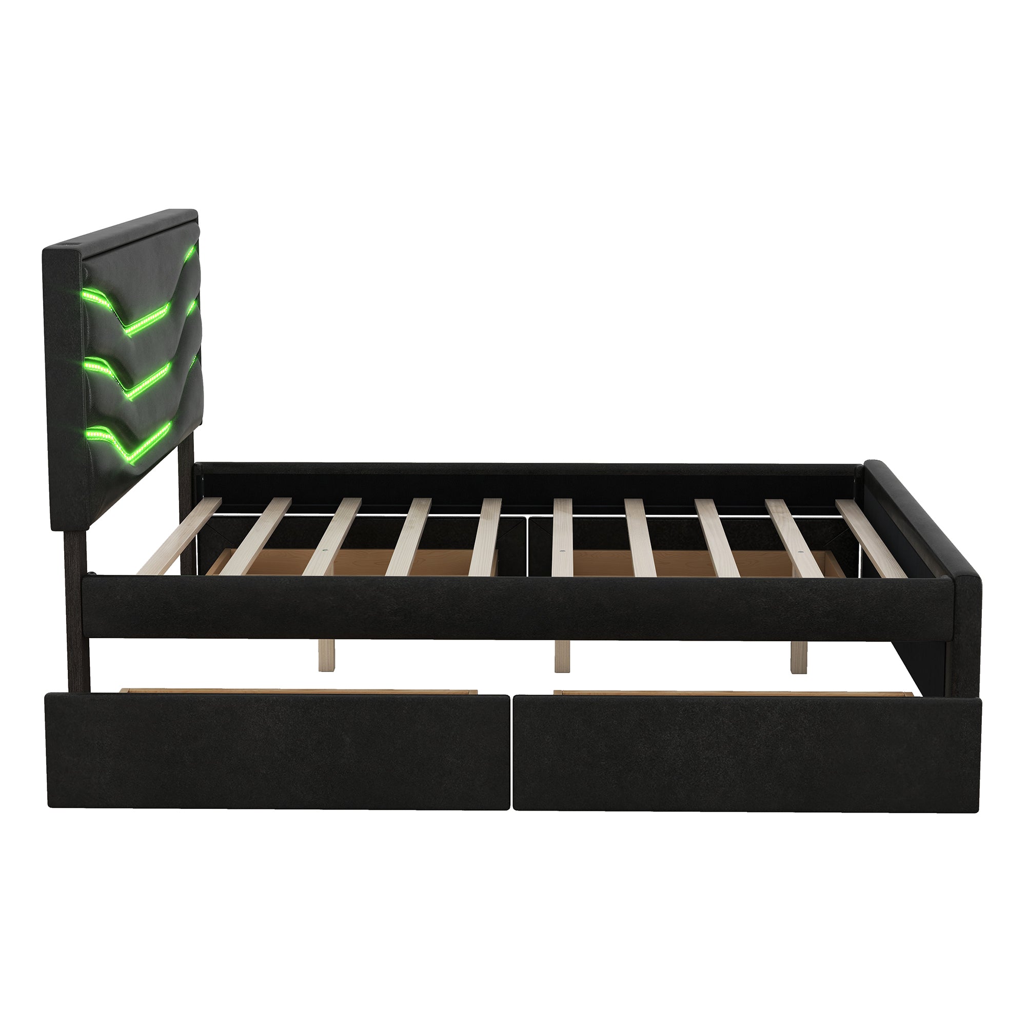 Queen Size Upholstered Storage Platform Bed with LED, 4 Drawers and USB Charging, Black - Atlantic Fine Furniture Melbourne FL