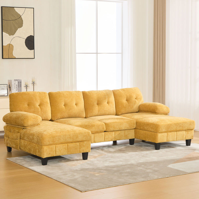 U-Shaped Sectional Sofa 103.5" Black Chenille Fabric Couch With Dual Chaise Lounges, Storage Pockets, Armrest Pillows