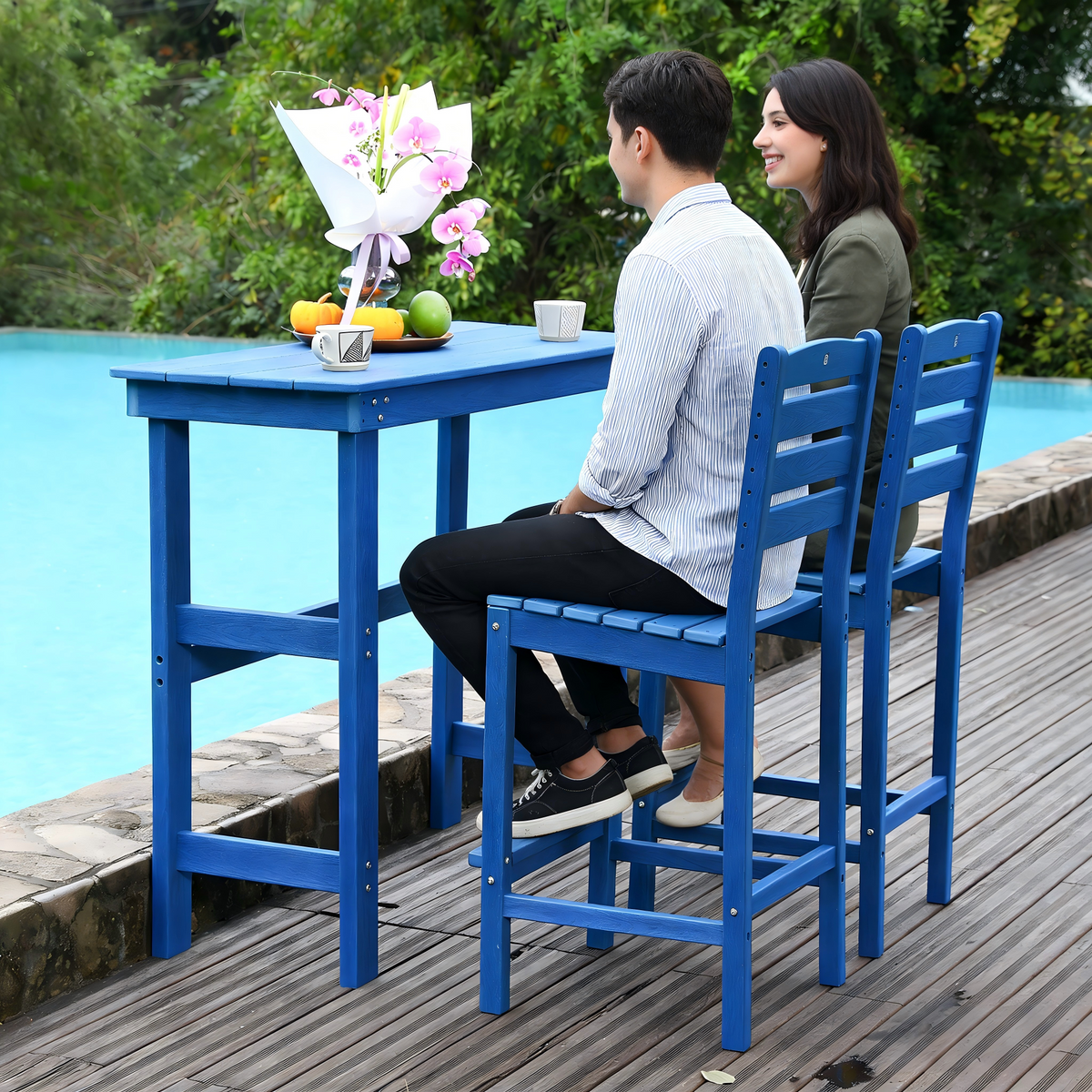 Patio Life Adirondack Outdoor Bar Table with 2 High-Back Bar Chairs - Lake Blue