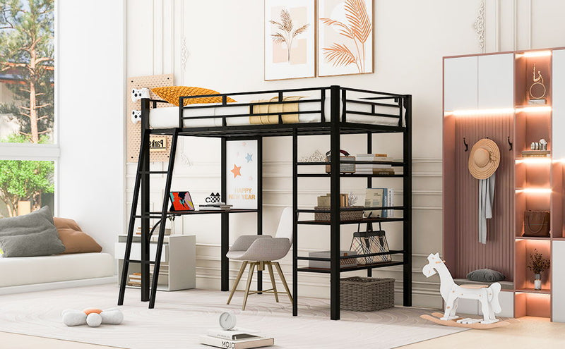 Loft Metal Bed With 3 Layers Of Shelves And Desk, Stylish Metal Frame Bed With Whiteboard