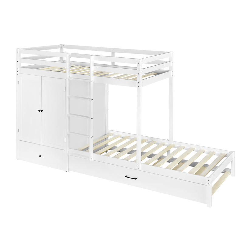 Twin-over-twin Bunk Bed with Wardrobe, Drawers and Shelves, White