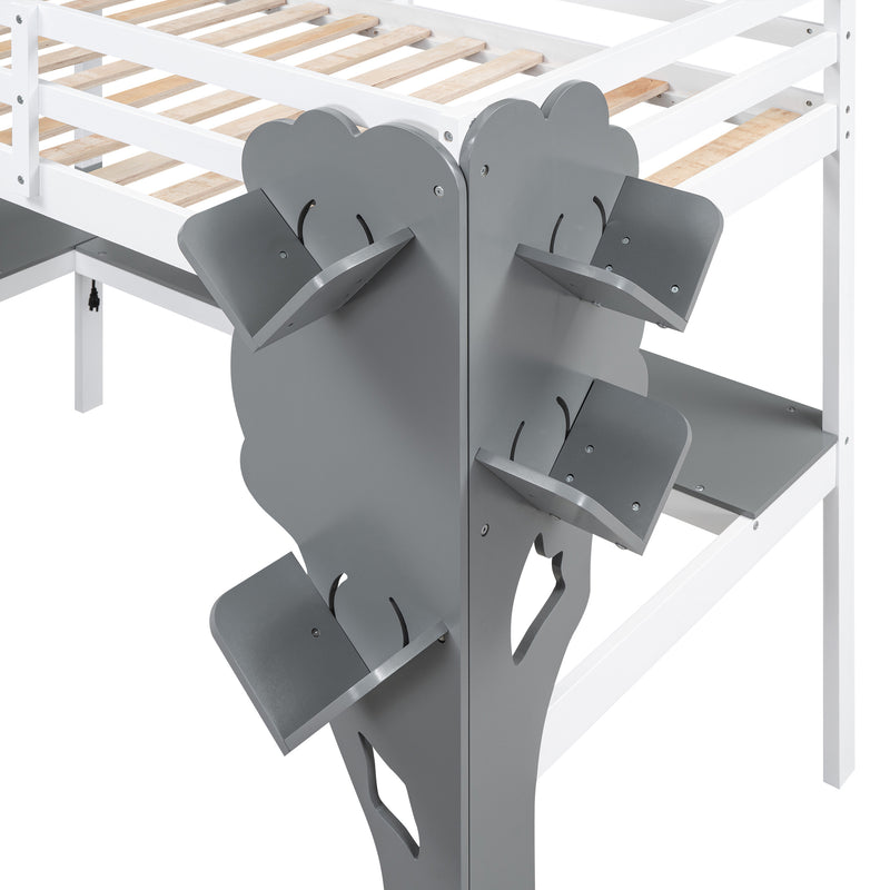 Twin Size Loft Bed with L-shaped Desk,Tree Shape Bookcase and Charging Station, White+Gray