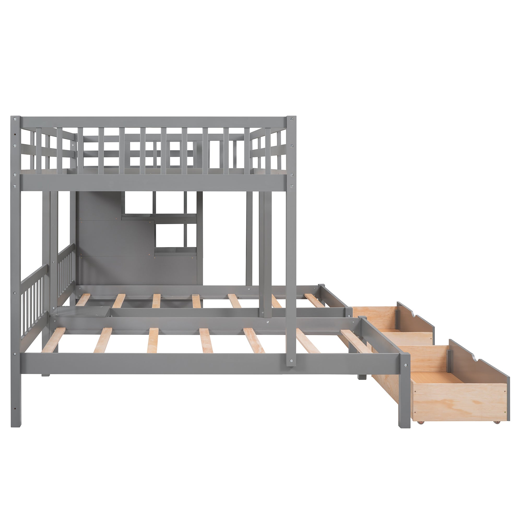 Full Over Twin & Twin Bunk Bed, Wood Triple Bunk Bed with Drawers and Guardrails (Gray) - Atlantic Fine Furniture Melbourne FL