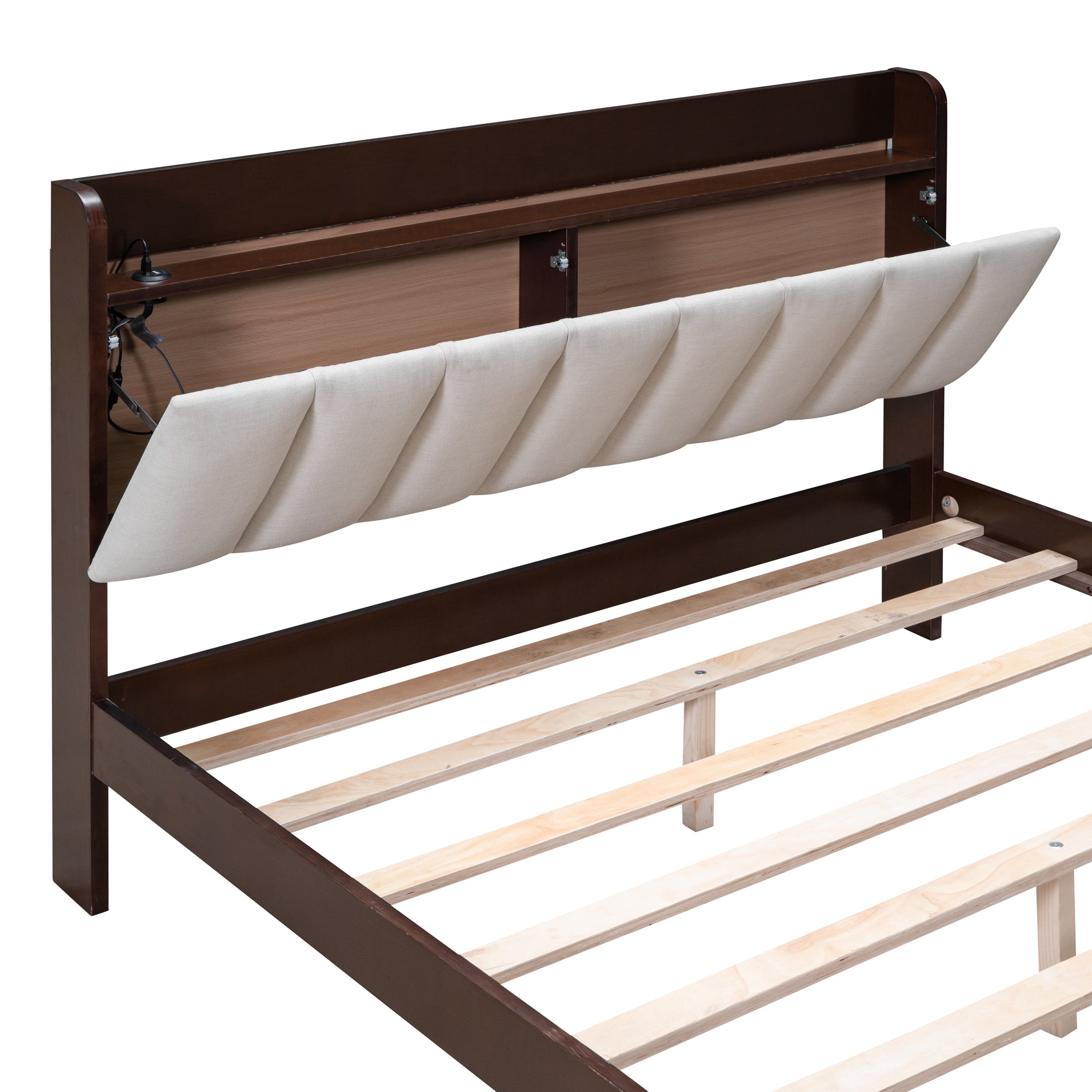 Full size Platform Bed with USB Charging Station and Storage Upholstered Headboard,LED Bed Frame,No Box Spring Needed,Walnut+Beige - Atlantic Fine Furniture Melbourne FL