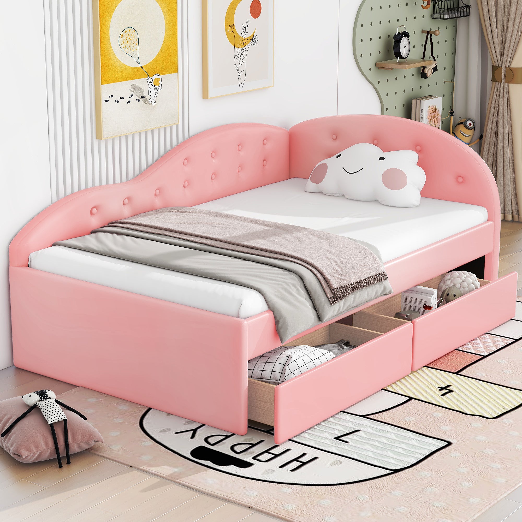 Twin Size PU Upholstered Tufted Daybed with Two Drawers and Cloud Shaped Guardrail, Pink - Atlantic Fine Furniture Melbourne FL