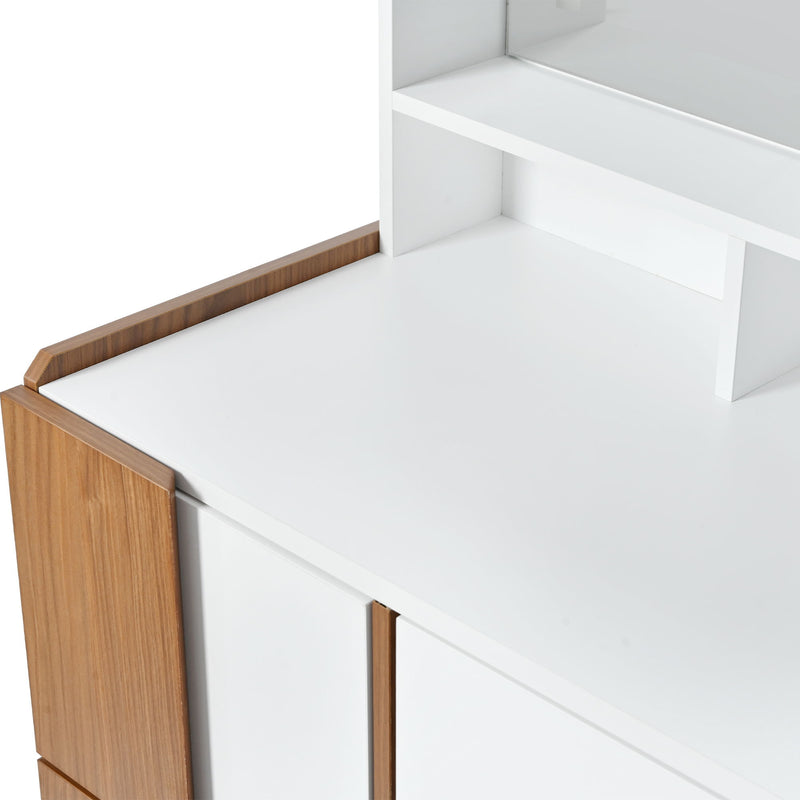 Elegant Vanity Table With Large Lighted Mirror & Power Outlet, Dressing Table With 7 Drawers & Shelves, Vanity Desk With Brown Solid Wood Style Stickers - Brown / White