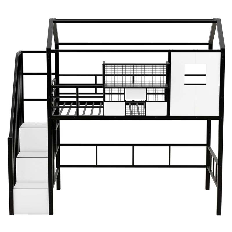 Metal Loft Bed with roof design and a storage box, Twin, Black