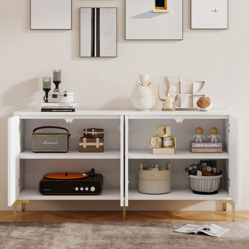 Modern Wood Sideboard Cabinet With Carved Door Panels, Adjustable Shelves, And Sturdy Metal Legs