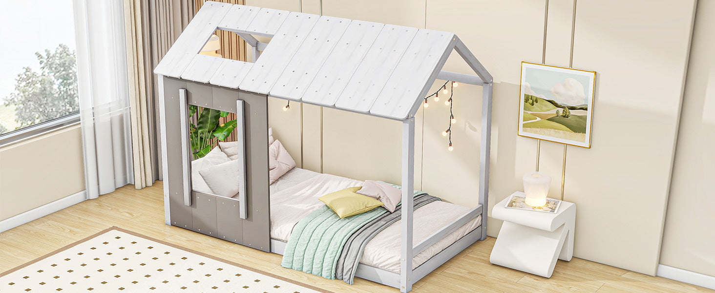 Twin Size House Platform with Roof and Window, White+Antique Grey(Old SKU: WF294130AAE) - Atlantic Fine Furniture Melbourne FL