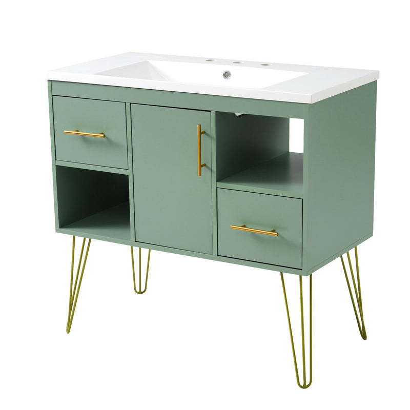 Bathroom Vanity With Resin Sink Combo Set, Modern Freestanding Single Bathroom Cabinet With 2 Drawers & 2 Storage Compartments, Storage Cabinet For Bathroom, Frame Vanity Set - Green